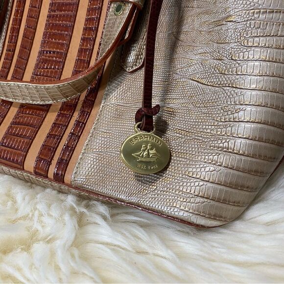 BRAHMIN MINI ASHER in CABANA VINEYARD Cream & Brown GENUINE LEATHER HANDBAG - Picture 4 of 9